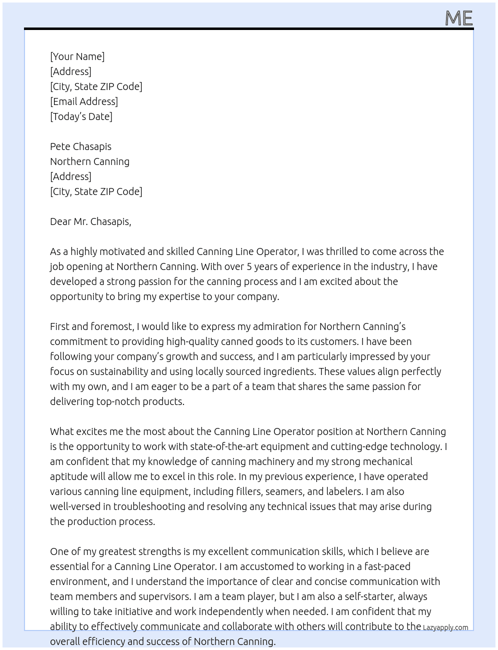 Canning Line Operator  At Northern Canning Cover Letter