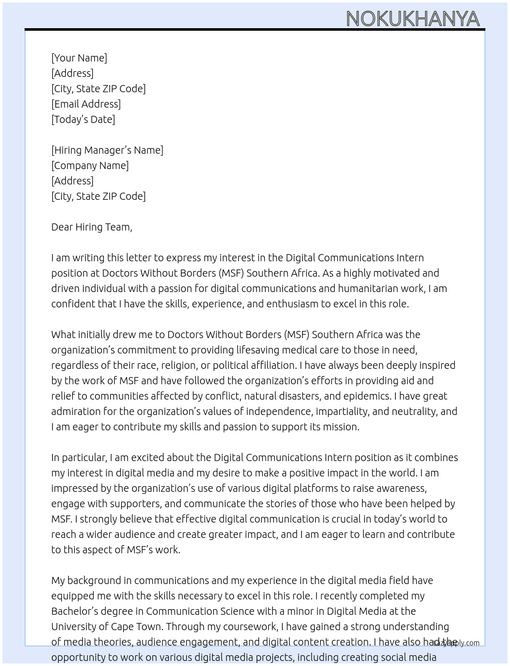 Digital Communications Intern At Doctors Without Borders (MSF) Southern Africa Cover Letter