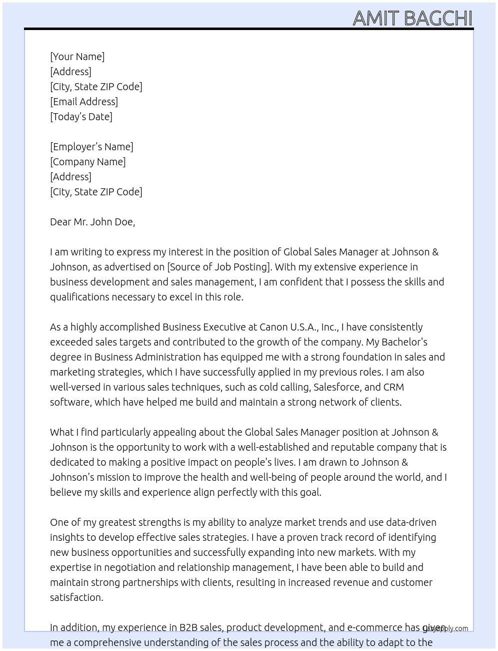 Global Sales Manager At Johnson & Johnson Cover Letter