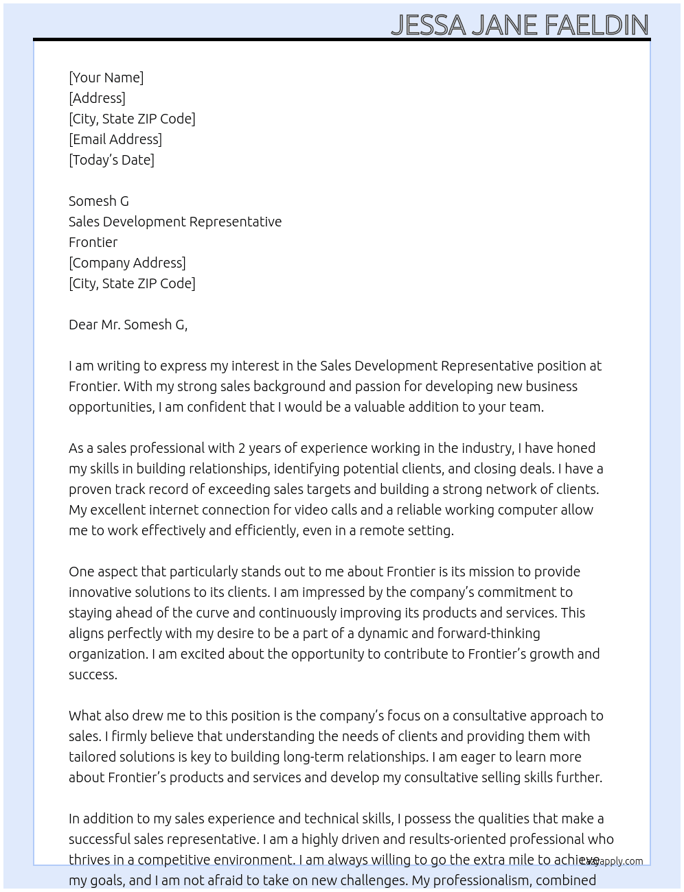 sales development representative At frontier Cover Letter