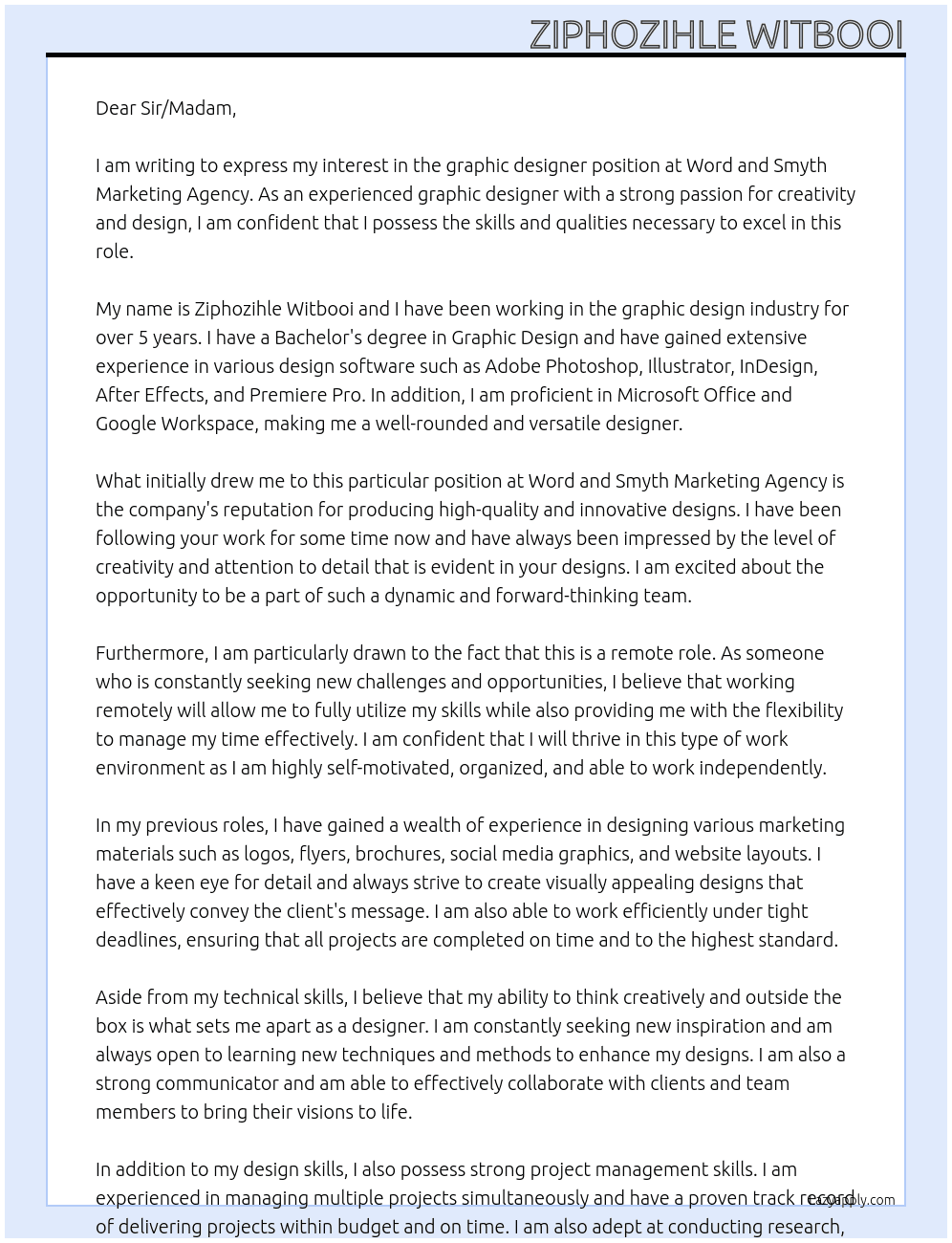 graphic designer At Word and Smyth Marketing Agency Cover Letter