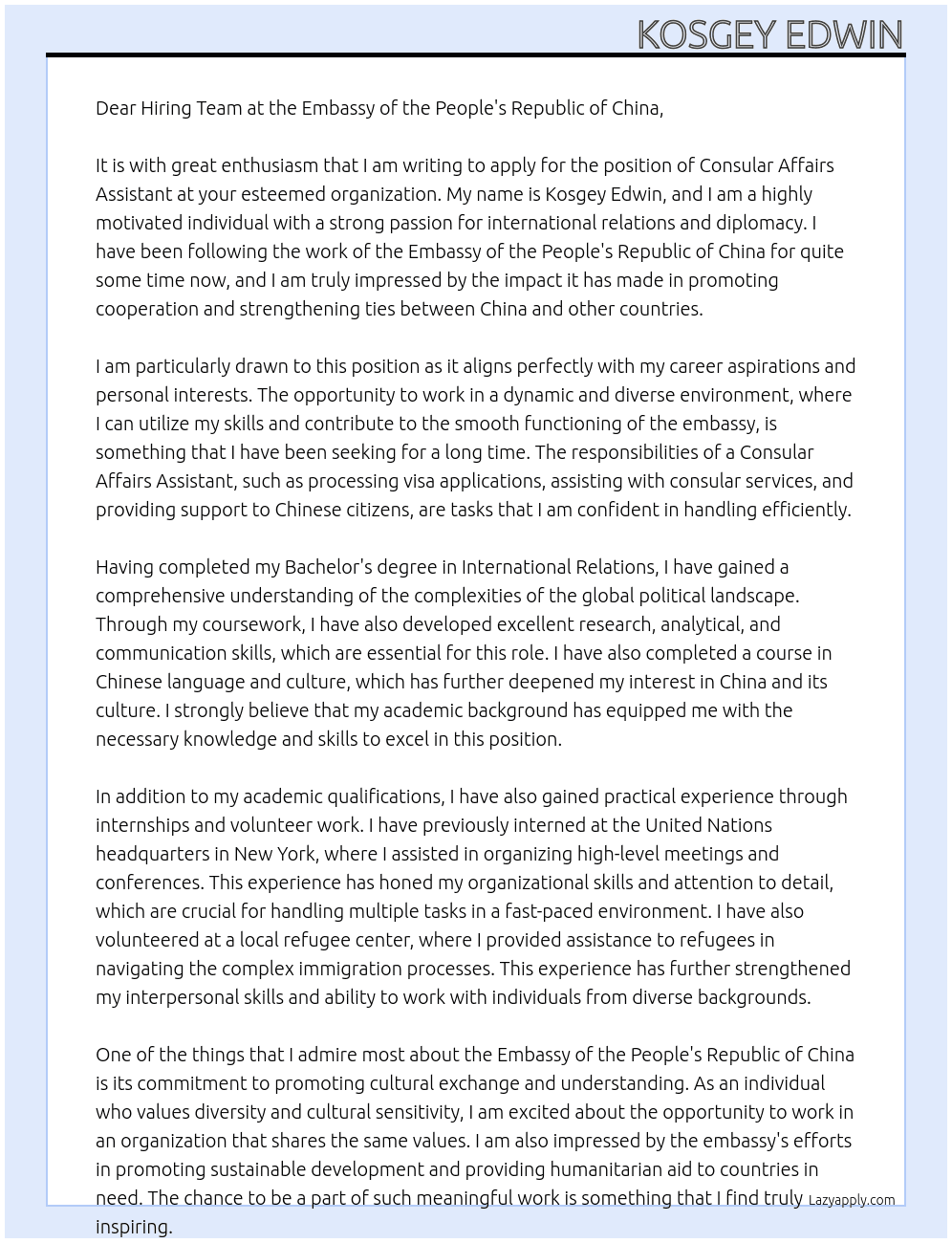 Consular affairs assistant At Embassy of the Peoples Republic of China Cover Letter