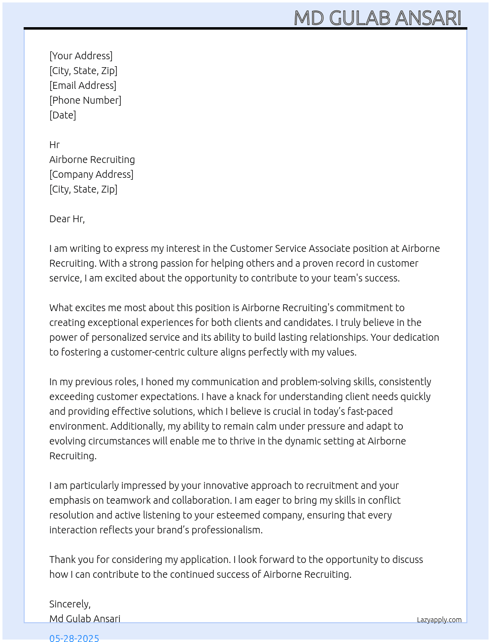 Customer service associate  At airbornerecruiting Cover Letter