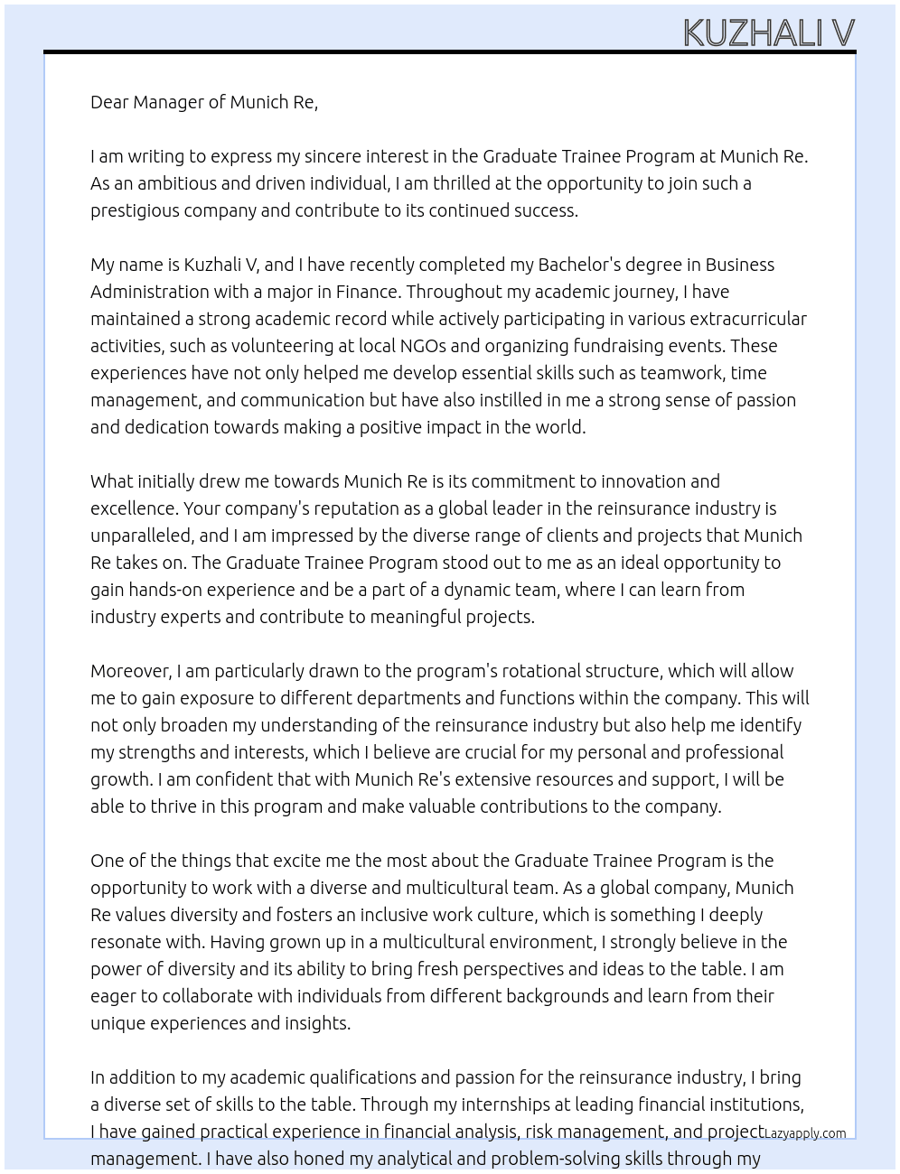 Graduate trainee program At Munich Re Cover Letter