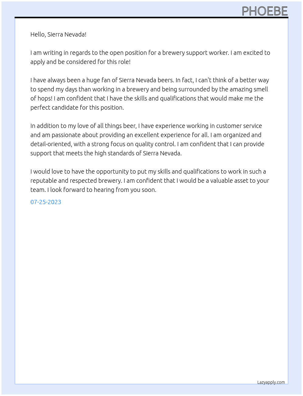 brewery support worker At Sierra Nevada Cover Letter