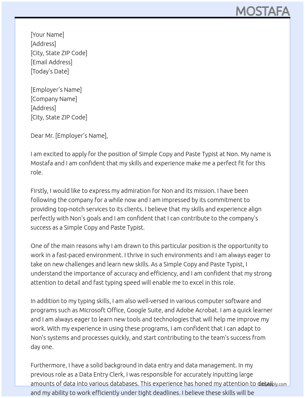 Simple copy and past typing  At Non Cover Letter