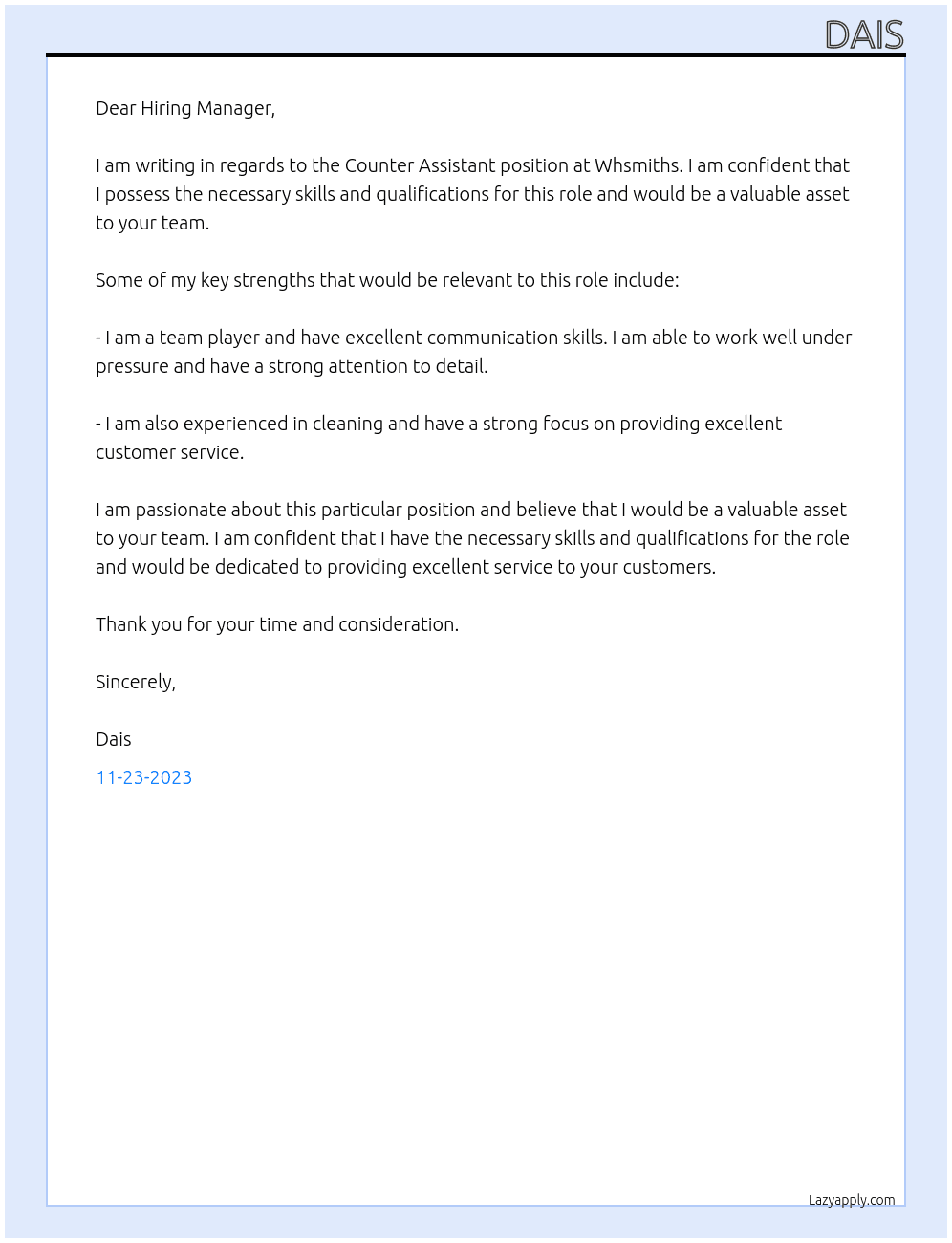 Counter assistant At Whsmiths Cover Letter