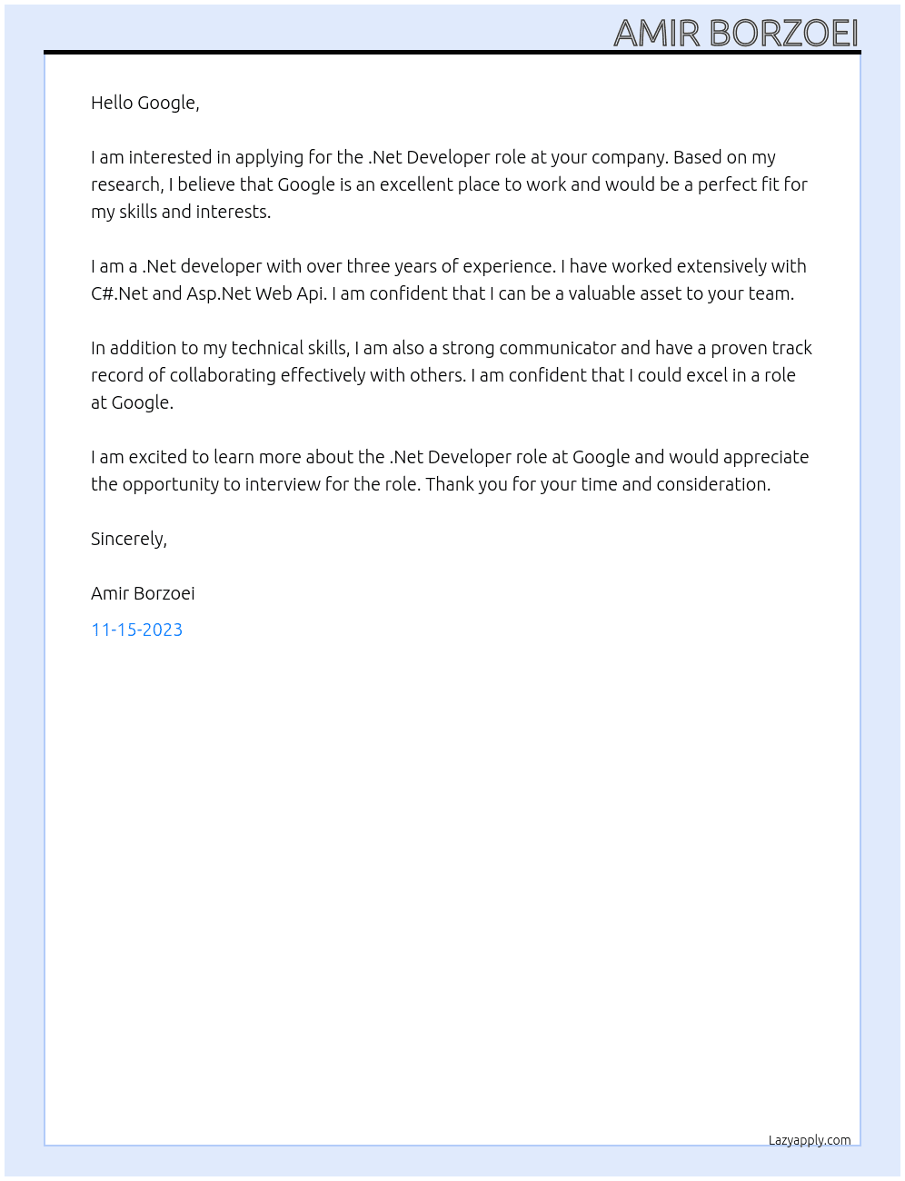 .Net Developer At Google Cover Letter