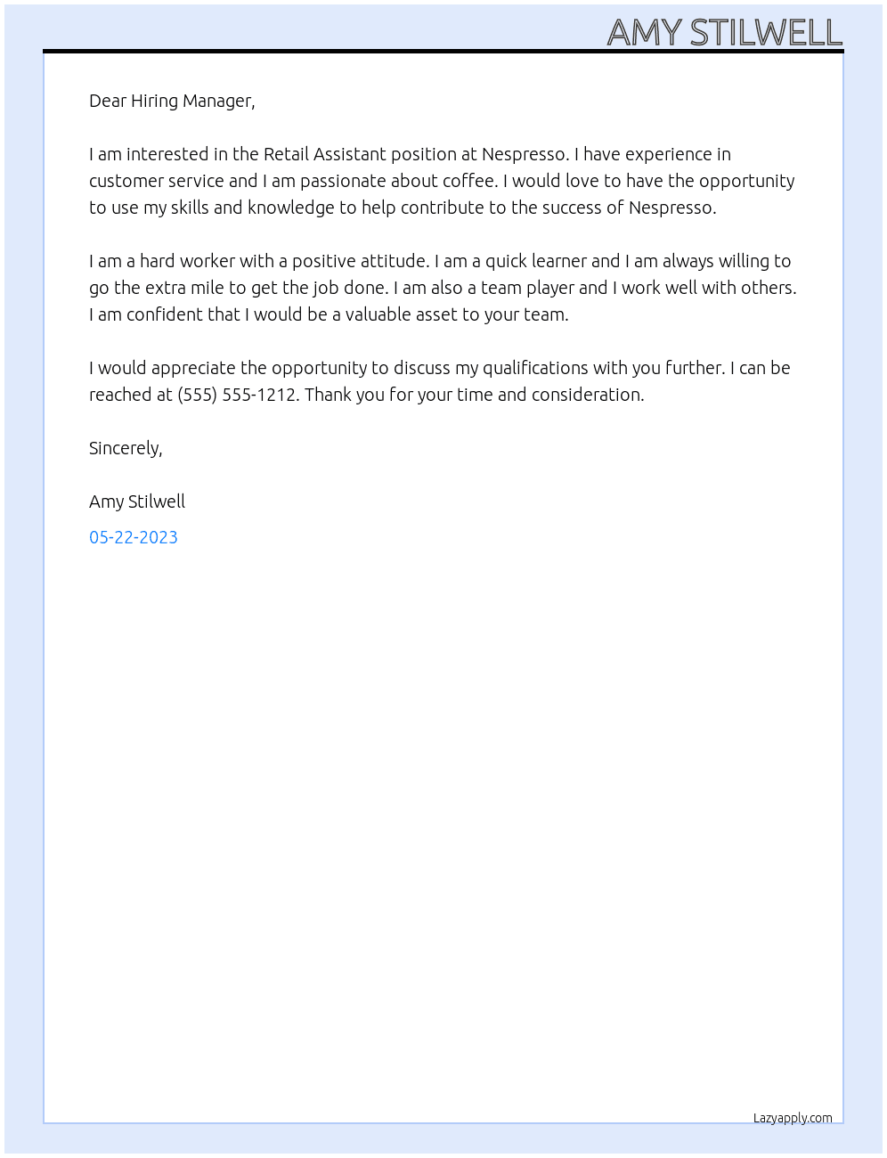  Retail Assistant At  Nespresso Cover Letter