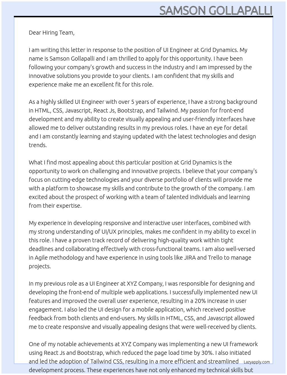 UI Engineer At Grid Dynamics Cover Letter