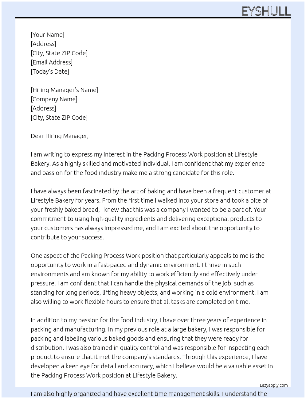 Packing process work  At Lifestyle Bakery Cover Letter