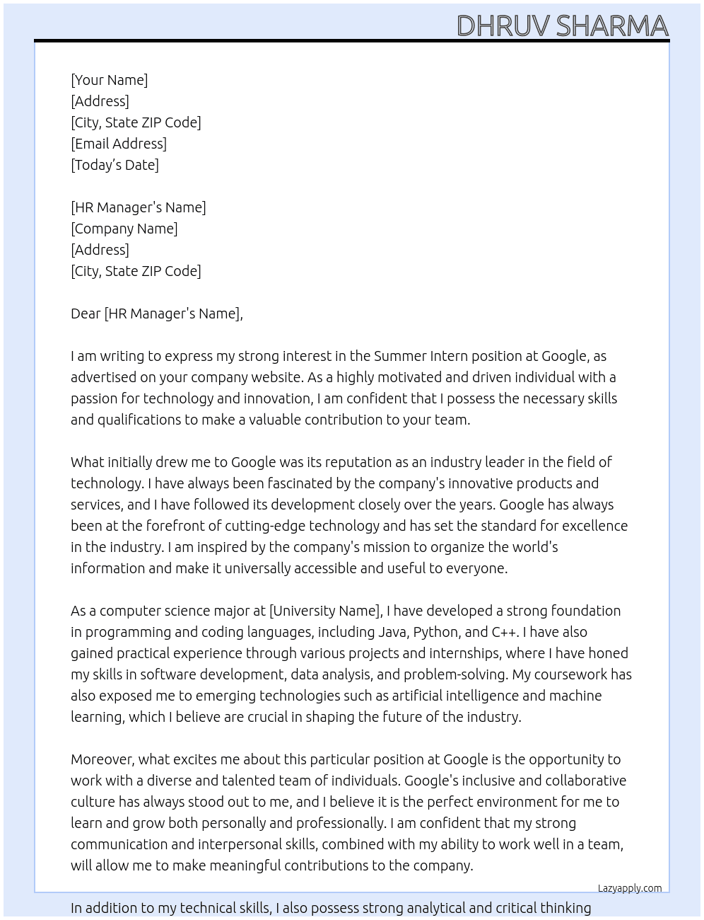 Summer Intern At Google Cover Letter