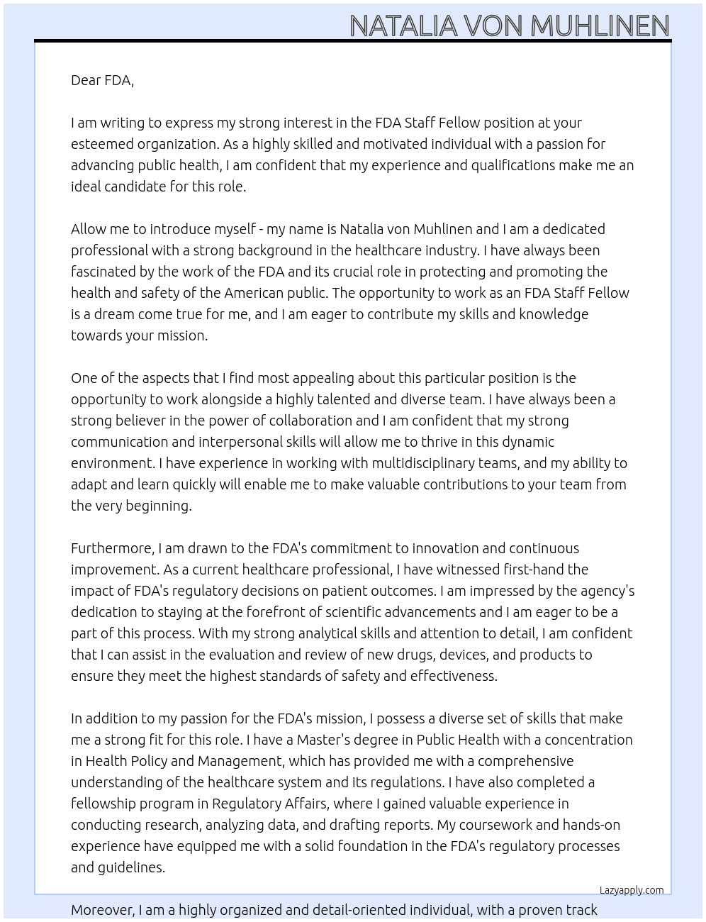 FDA Staff Fellow At FDA Cover Letter