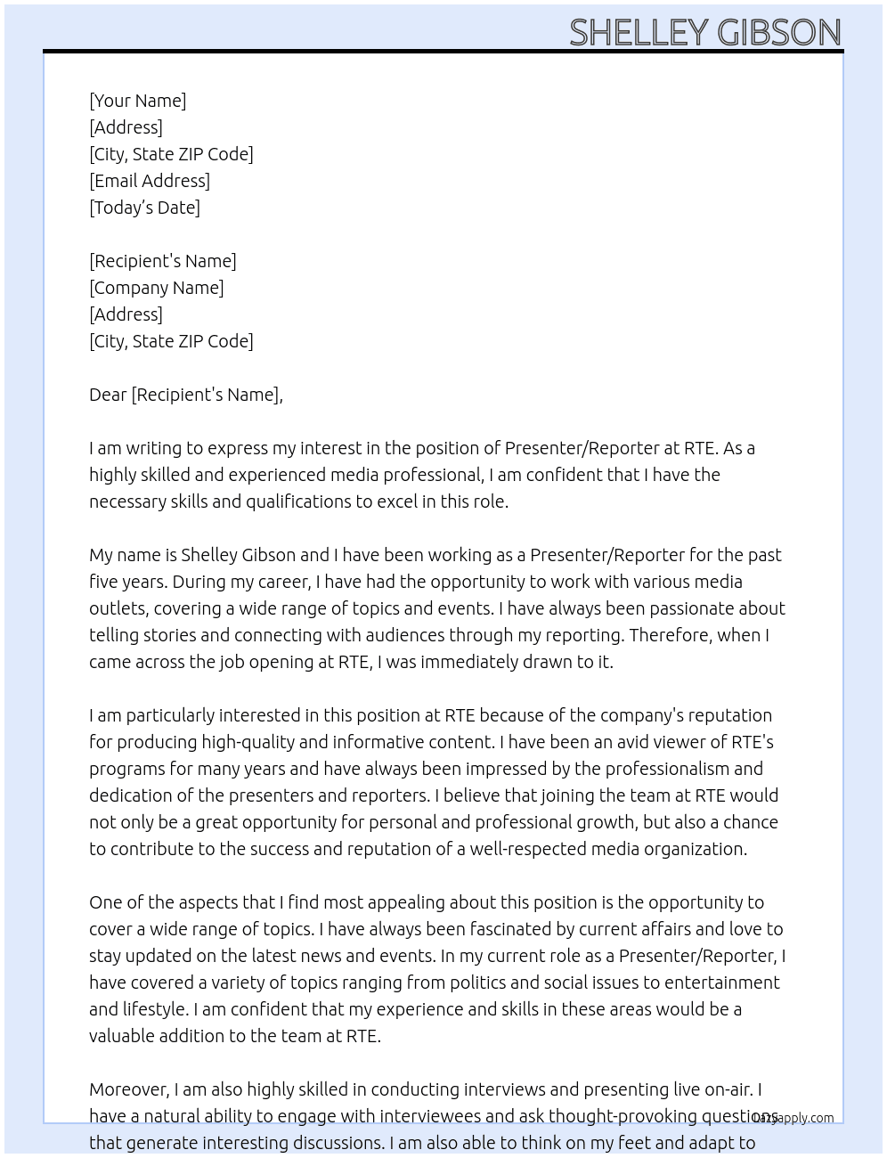 Presenter/Reporter At RTE Cover Letter