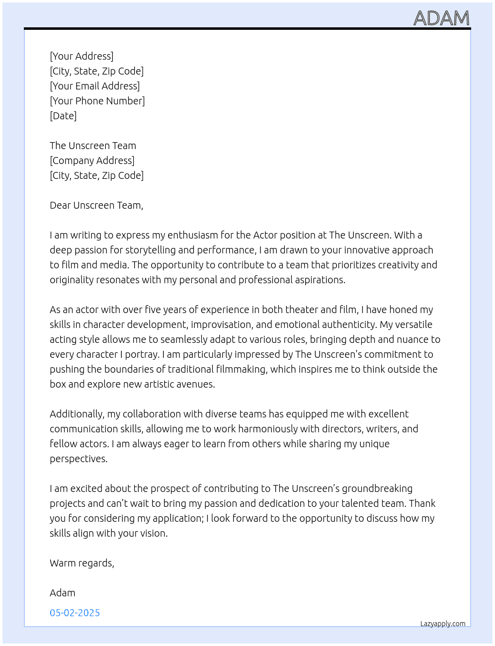Actor At The unscreen  Cover Letter