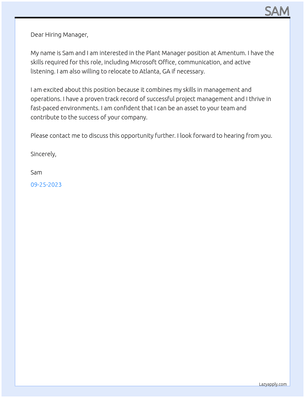 Plant Manager At Amentum Cover Letter