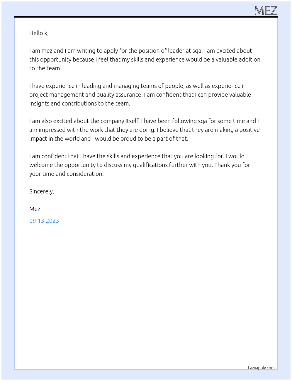 leader At sqa Cover Letter