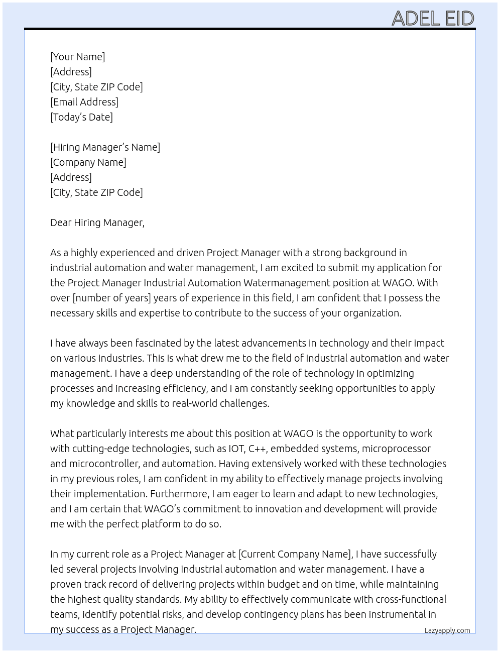 Project Manager Industrial automation Watermanagement At WAGO Cover Letter