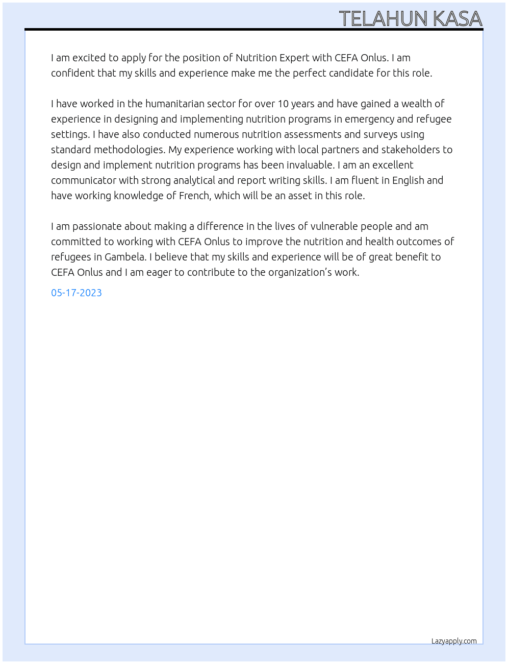Nutrition Expert At CEFA Onlus Cover Letter