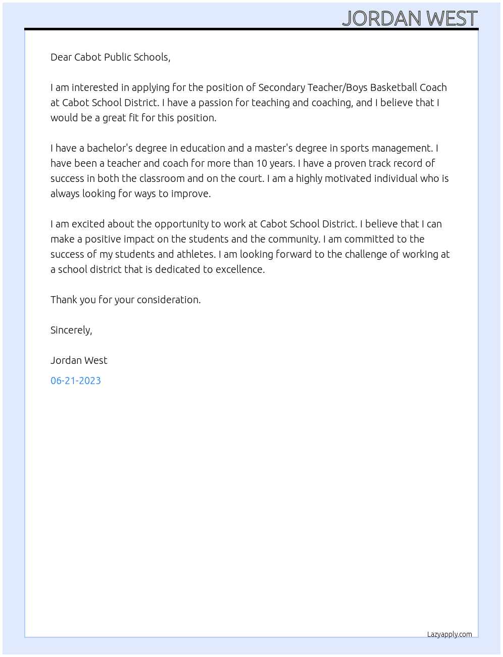 Secondary Teacher / Boys Basketball Coach At Cabot Public Schools Cover Letter