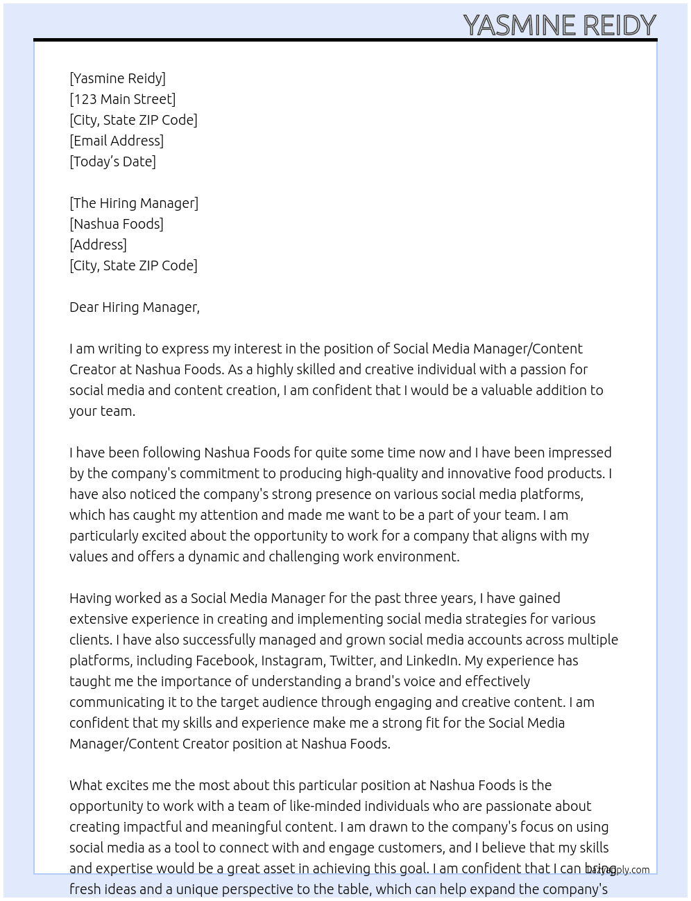 Social media manager / content creator At Nashua Foods Cover Letter