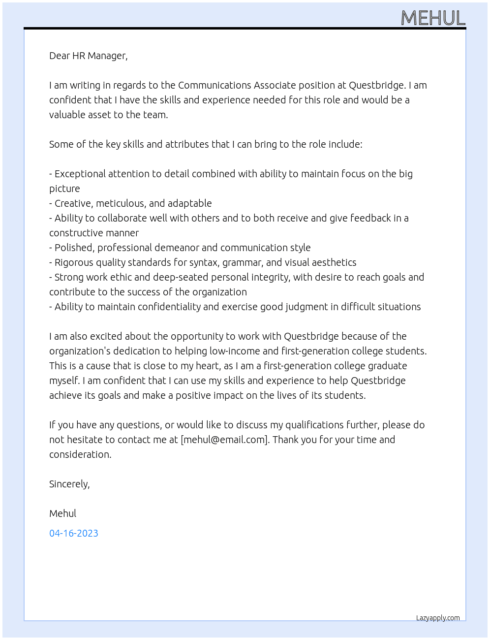 Communications Associate At Questbridge Cover Letter