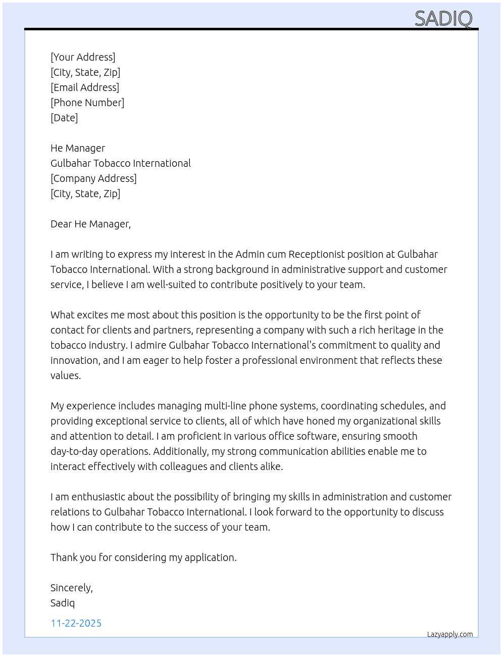 Admin cum receptionist  At Gulbahar tobacco international  Cover Letter