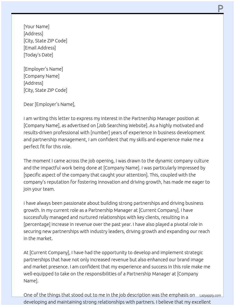 Partnership Manager At sn Cover Letter