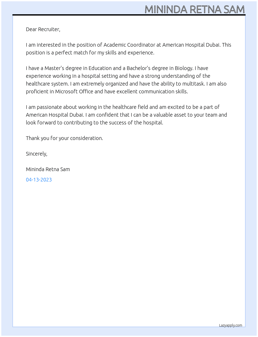 Academic Coordinator At American Hospital Dubai Cover Letter