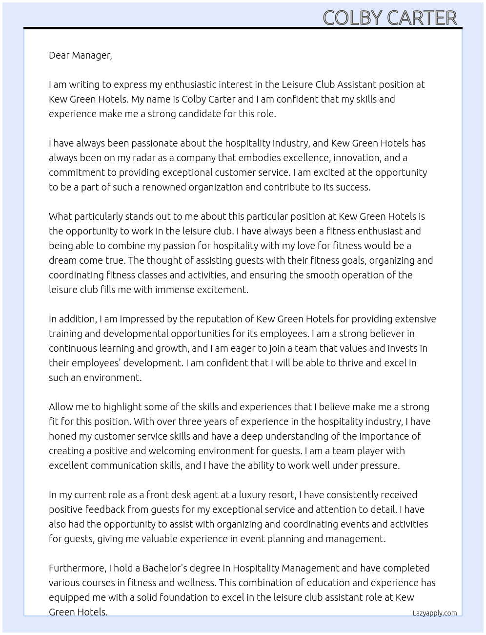 Leisure club assistant At Kew green hotels Cover Letter