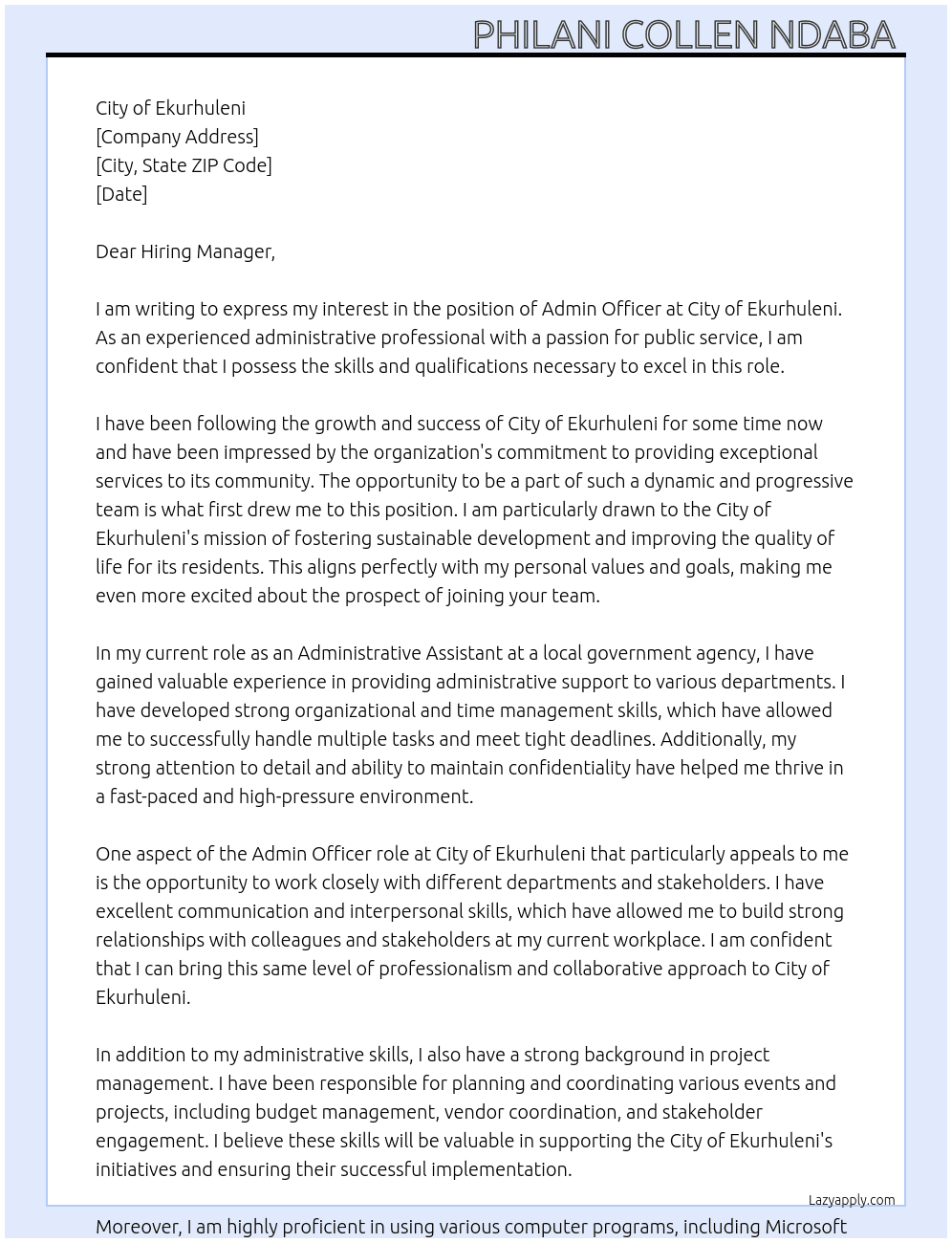 Admin Officer At City of Ekurhuleni Cover Letter