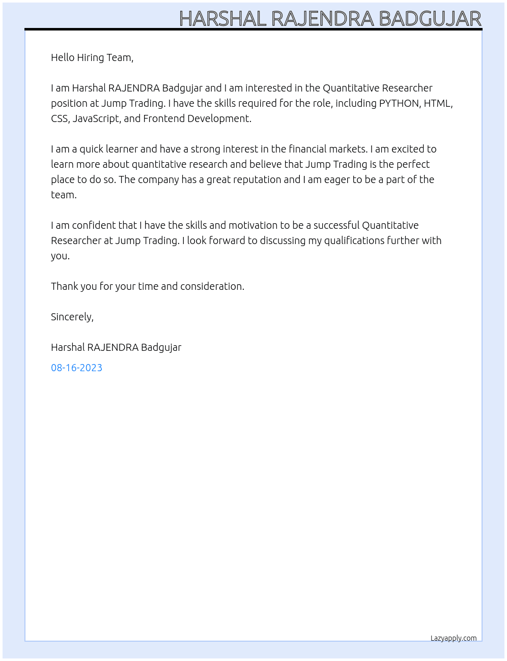 Quantitative Researcher At Jump Trading Cover Letter