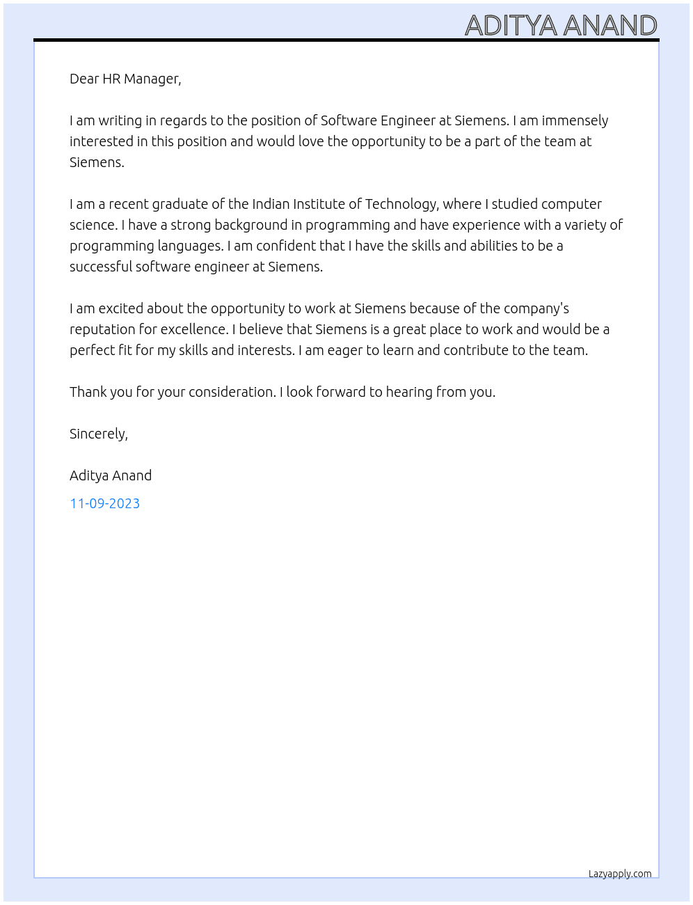 Software Engineer At Siemans Cover Letter