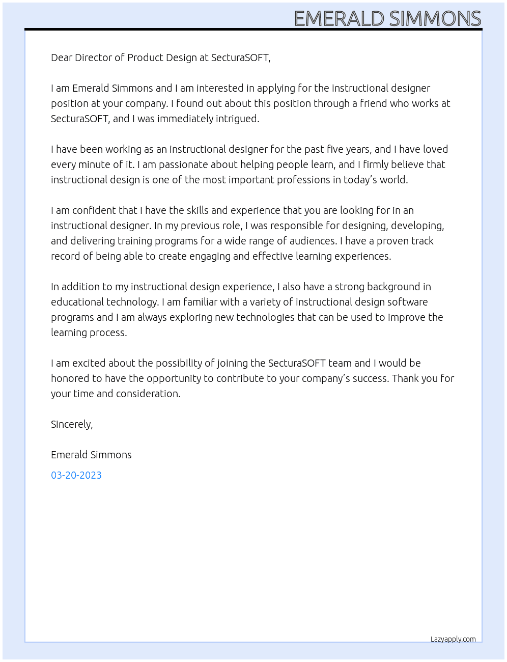 Instructional Designer At SecturaSOFT Cover Letter