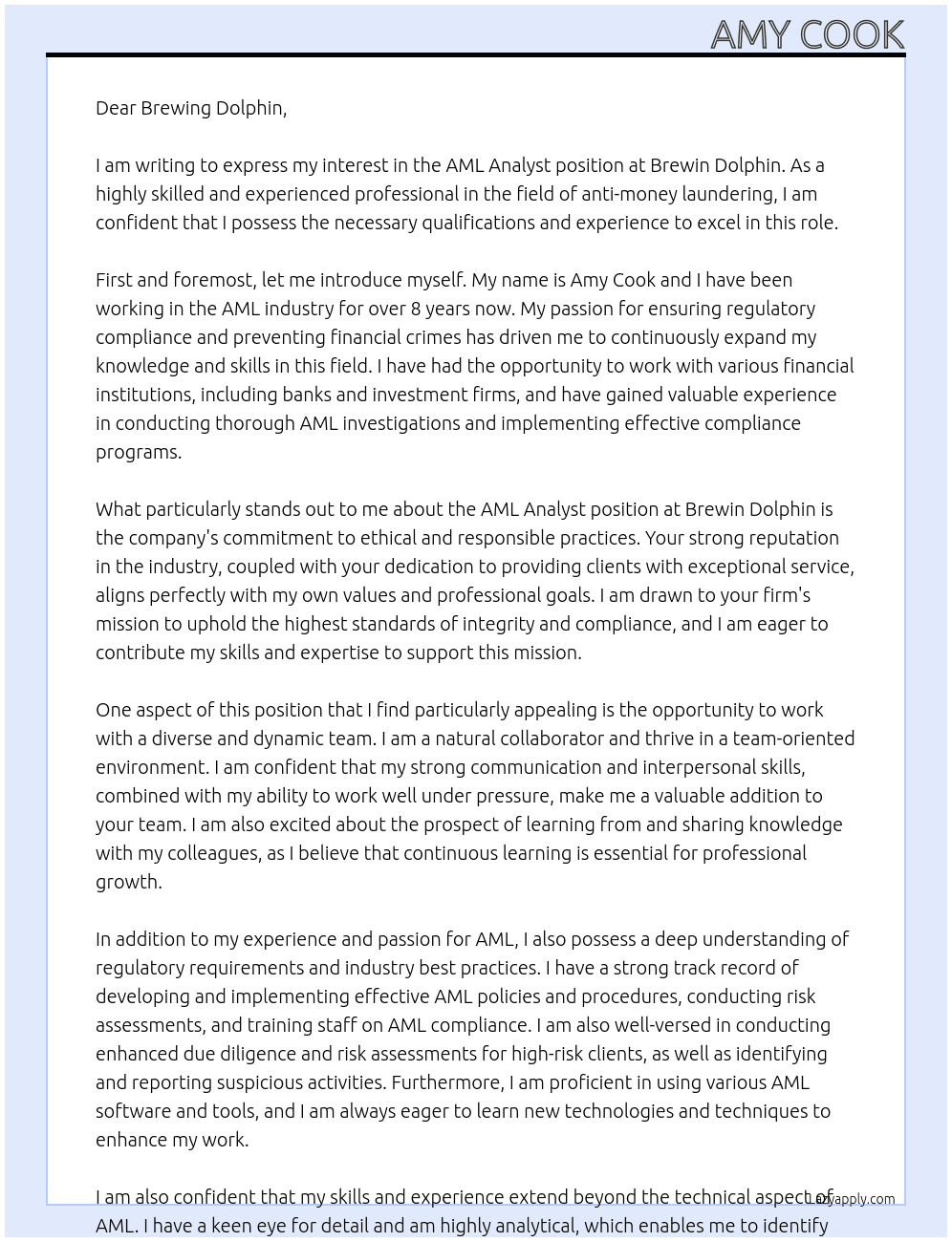 AML Analyst At Brewin Dolphin Cover Letter