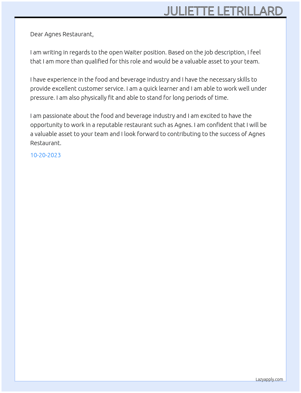Waiter  At Agnes Restaurant  Cover Letter