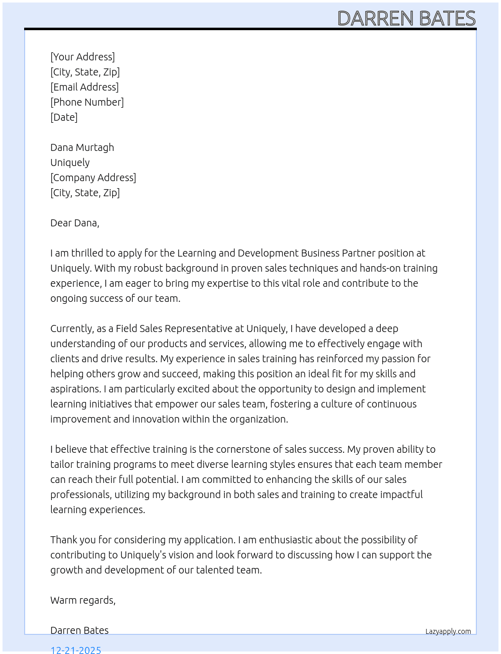 Cover letter for learning and development business partner - LazyApply