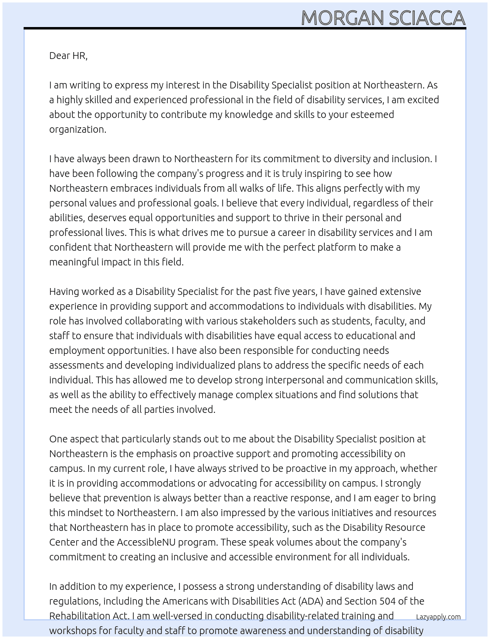 Disability Specialist At Northeastern Cover Letter