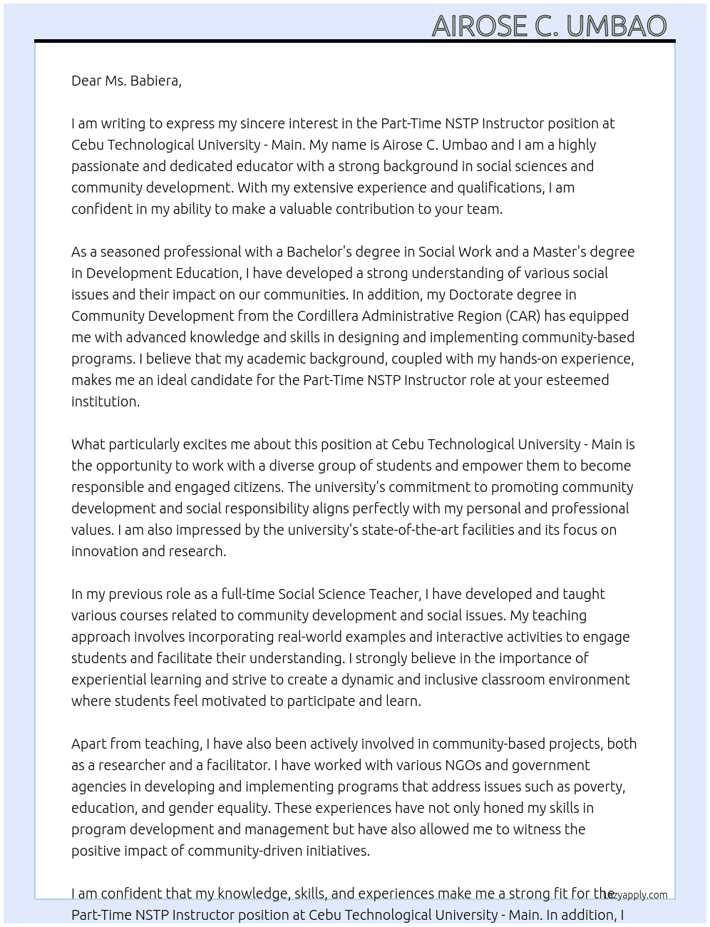 Part-Time NSTP Instructor  At Cebu Technological University - Main Cover Letter