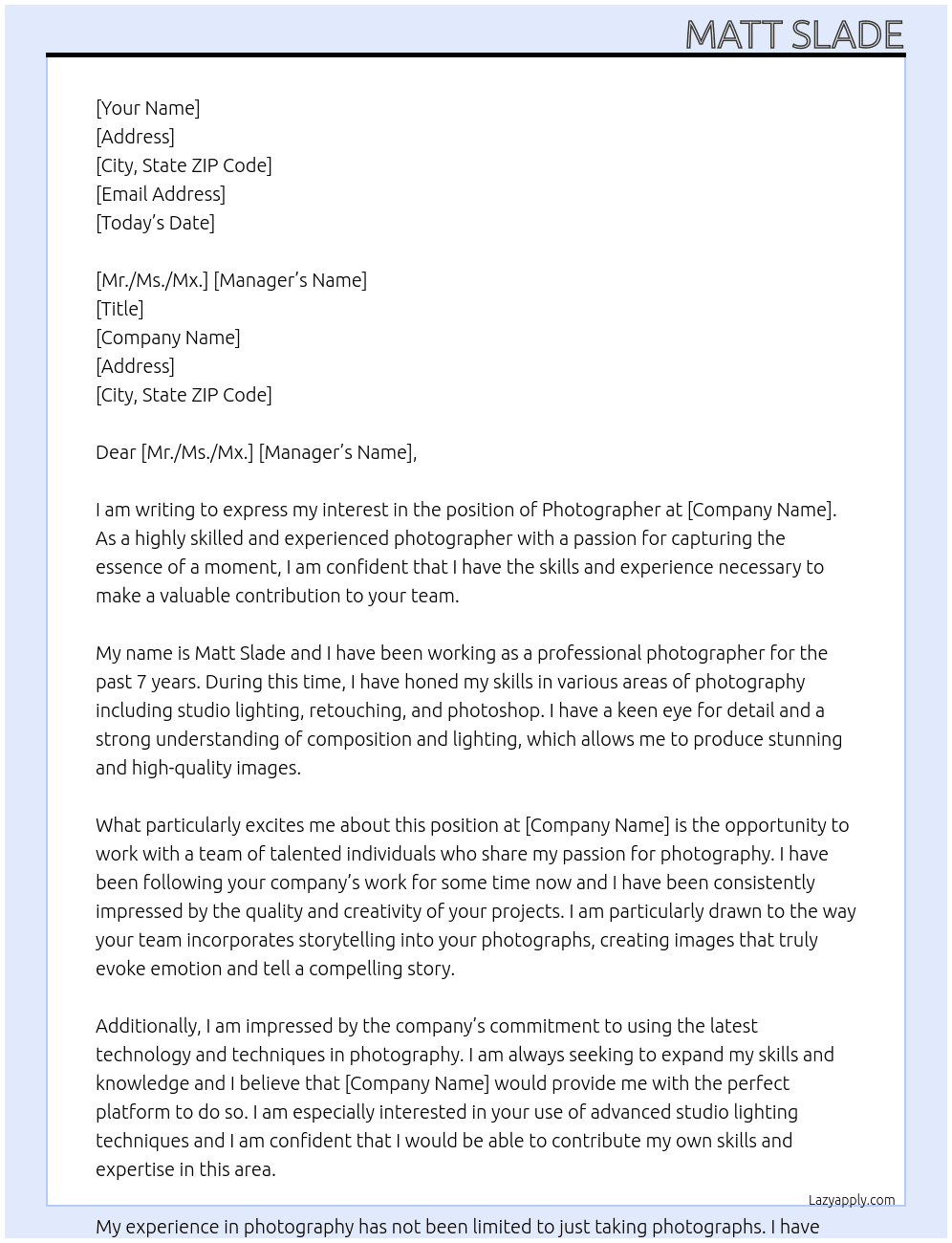 Photographer At any Cover Letter