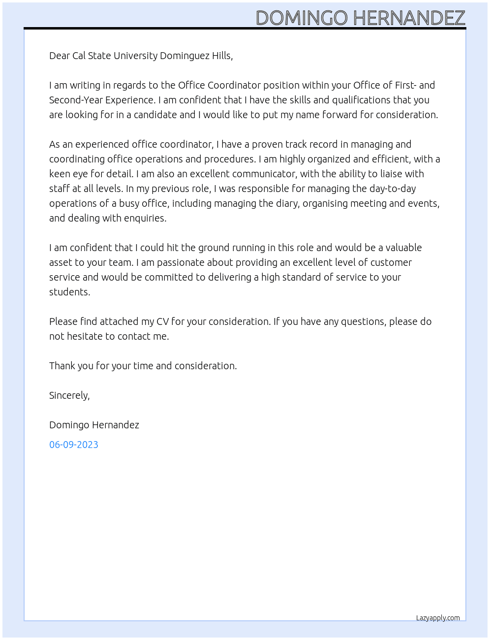 Office Coordinator At Cal State University Dominguez Hillss Cover Letter