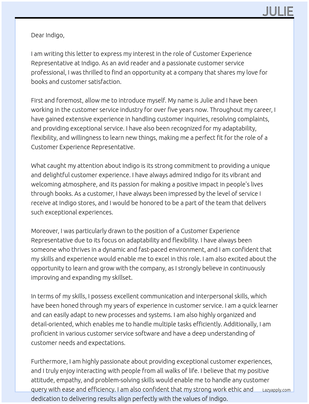 Customer Experience Representative At Indigo Cover Letter