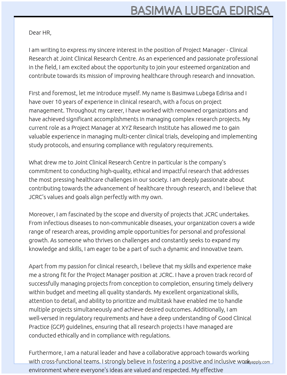 Project manager-clinical research job  At Joint clinical Research centre Cover Letter
