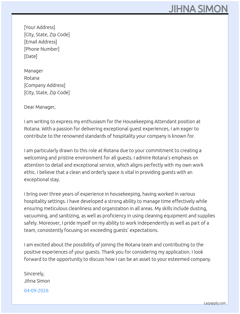 House keeping attendent  At Rotana  Cover Letter
