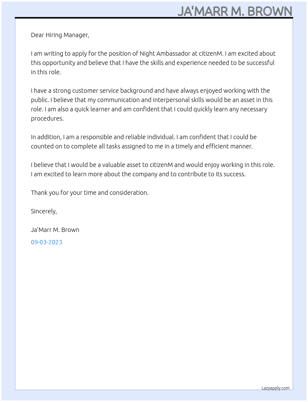 Night Ambassador At citizenM Cover Letter