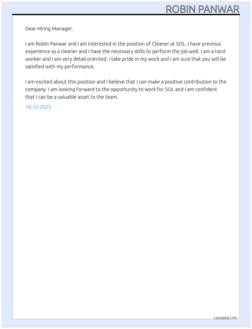Cleaner At SOL Cover Letter