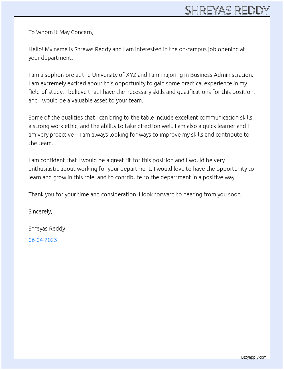on campus job At your department Cover Letter