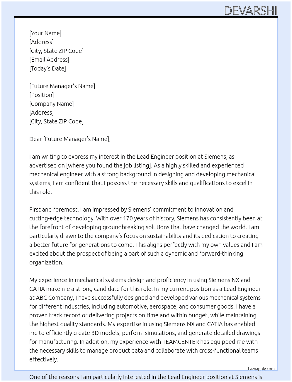 Lead Engineer At Siemens Cover Letter