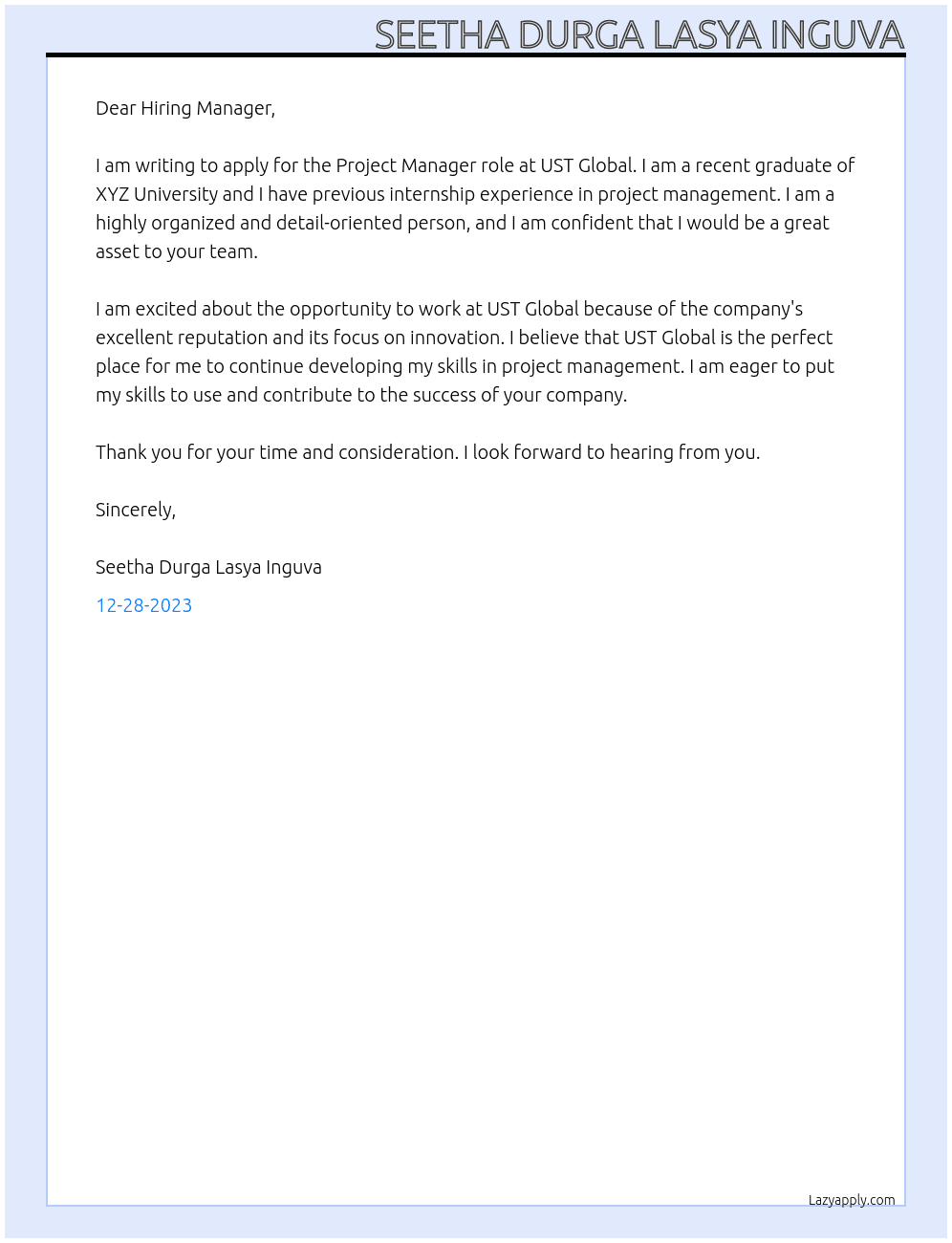 Project Manager At UST Global Cover Letter