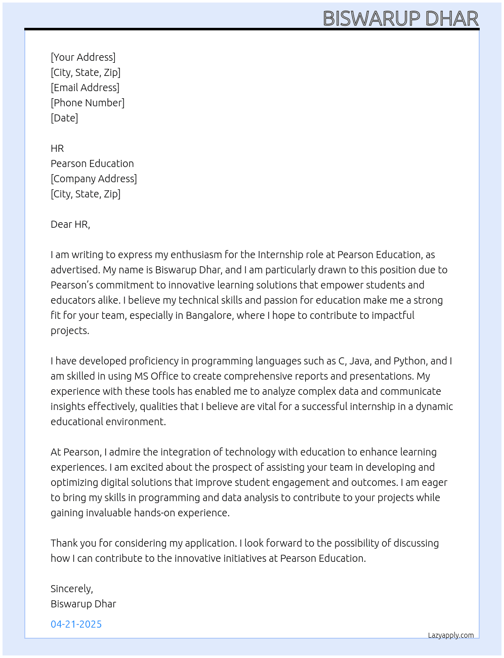 Intern  At Pearson Education  Cover Letter